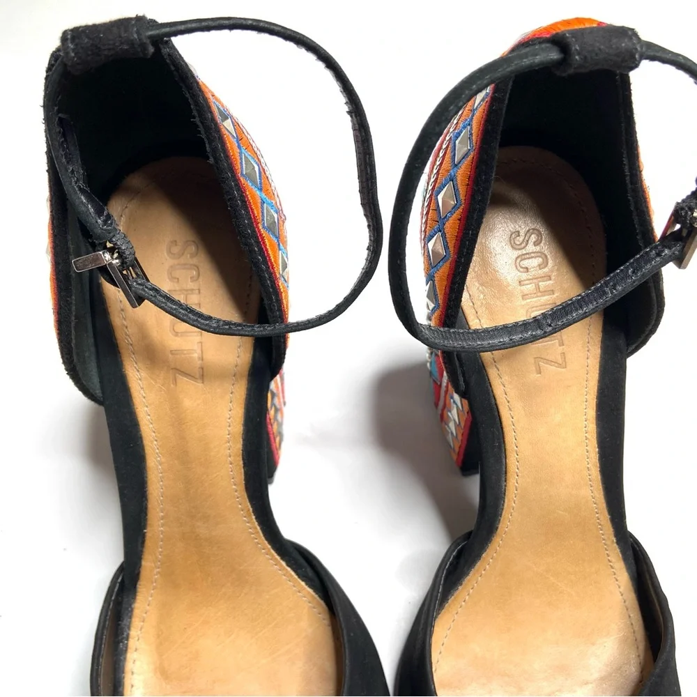 Schutz Black Suede Open Toe Ankle Strap Embroidered Block Heel Size 38
